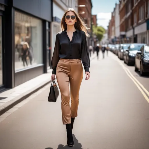 Prompt: Tall young woman walking down the high street, detailed clothing, realistic, natural lighting. black silk shirt, tan polyster pants, high heel boots, mirrored sunglasses