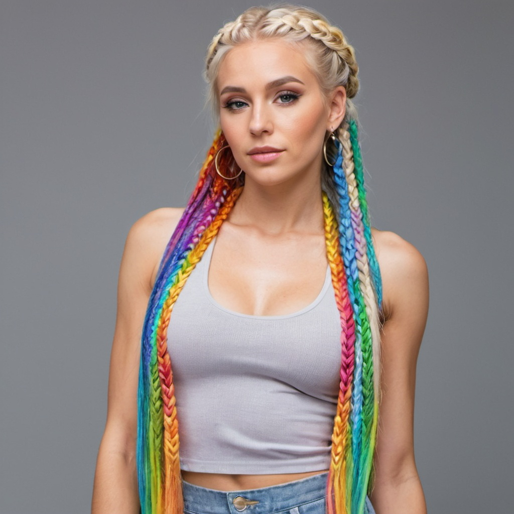  Blonde Woman rainbow colored microbraided hair with... | OpenArt