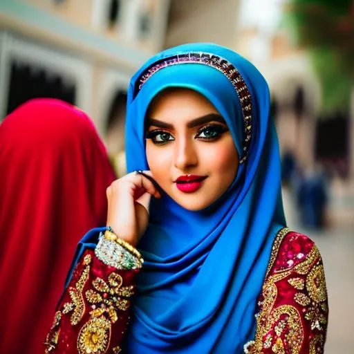 Prompt: A Muslim white skin tone women , beautiful, long eyes , hijab , blue eye colour, Persian jewelry beautiful, red dress, 4k 