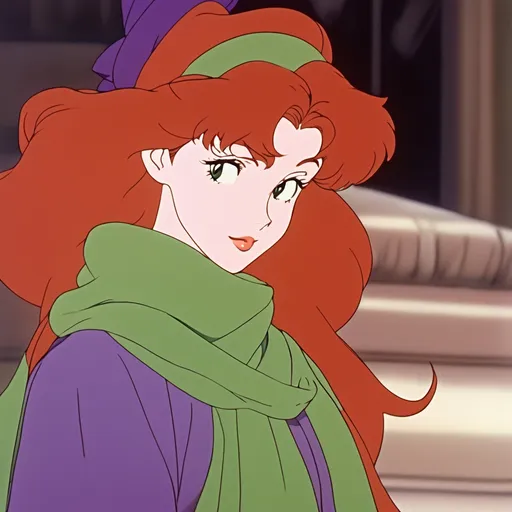 Prompt: 90's anime, cel shaded. A young redheaded woman wearing a head band, purple dress and green chiffon scarf around her neck 