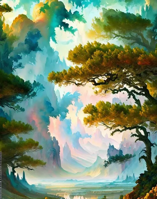 Prompt: Cinematic fantasy landscape in Gouache Style, Watercolor, Museum Epic Impressionist Maximalist Masterpiece, Thick Brush Strokes, Impasto Gouache, thick layers of gouache watercolors textured on Canvas, 8k Resolution, Matte Painting oil painting by James Gurney Abstract World