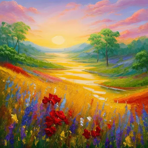 Prompt: Title: "The Sigh of Nature"

This painting presents a serene and picturesque scene of nature in all its splendor. The landscape is dominated by a vast field covered in colorful wildflowers, stretching as far as the eye can see. The flowers range in shades of red, yellow, pink and violet, creating a vibrant color palette.

In the center of the painting, there is a peaceful lake with crystal clear water surrounded by majestic trees. The trees lean gently toward the water, their reflections dancing on the calm surface. On the lake, white swans glide gracefully, leaving soft trails in the water.

The sky is a vast, deep blue, with cotton-white clouds scattered here and there. The sun pours its golden light over the landscape, creating a feeling of warmth and tranquility.

In the foreground of the painting, there is a young woman in a white dress sitting by the lake. She has her back to the viewer, her bare feet dangling in the water. Her long, golden hair falls softly over her shoulders as she watches the scene with an expression of peace and contemplation on her face.

Around the woman, butterflies and birds fly freely, adding a touch of life and movement to the scene. It is as if nature itself is sighing with contentment in this moment of perfect harmony.

"The Sigh of Nature" is a representation of the timeless beauty of nature and the ability to connect with it to find peace and serenity amid the tumult of everyday life.