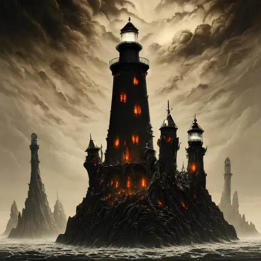 Prompt: deviantart, dark fantasy, goth, artstation, detailed,towering lighthouse , hell, doom,  intricate detail, Dark art, giant monster, artstation, hyperdetailed intricately detailed , unreal engine, other wordly, intricate detail, splash screen, dark colors, 8k, deviantart masterpiece, oil painting, heavy strokes, doom eternal, tourmented souls, standing, looking at horizon, suffering