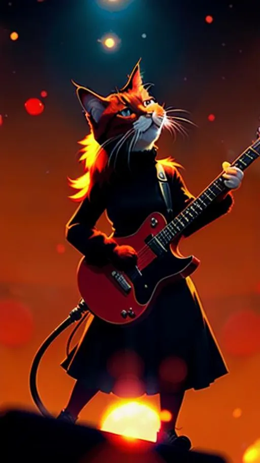 Prompt: A female red Cat singing rock metal songs on a stage, silhouette, warm colors, beautiful composition, by Atey Ghailan, by Craig Mullins, digital art, digital painting, trending on artstation, 2k