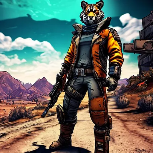 Prompt: Borderlands art style, cell shading, post-apocalyptic landscape, high quality, tiger-man bandit with a gun on his back