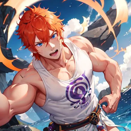 Prompt: Erikku male (short ginger hair, freckles, right eye blue left eye purple) muscular, UHD, 8K, Highly detailed, insane detail, best quality, high quality. hands in the air, wearing a t-shirt