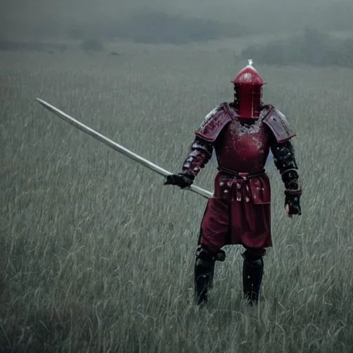 Prompt: A knight with blood red katana standing on a field full of corpses. 