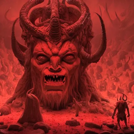 Prompt: Humbaba staring at a wall of blood 
with horns on his head
