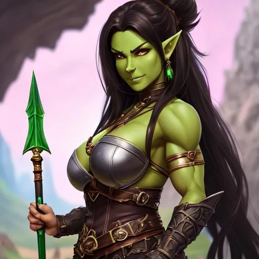 Prompt: oil painting, D&D fantasy, green-skinned-orc girl, green-skinned-female, tall, toned muscle, beautiful, short dark brown hair, wavy hair, determined, pointed ears, fangs, looking at the viewer, cleric wearing intricate adventurer outfit, #3238, UHD, hd , 8k eyes, detailed face, big anime dreamy eyes, 8k eyes, intricate details, insanely detailed, masterpiece, cinematic lighting, 8k, complementary colors, golden ratio, octane render, volumetric lighting, unreal 5, artwork, concept art, cover, top model, light on hair colorful glamourous hyperdetailed medieval city background, intricate hyperdetailed breathtaking colorful glamorous scenic view landscape, ultra-fine details, hyper-focused, deep colors, dramatic lighting, ambient lighting god rays, flowers, garden | by sakimi chan, artgerm, wlop, pixiv, tumblr, instagram, deviantart