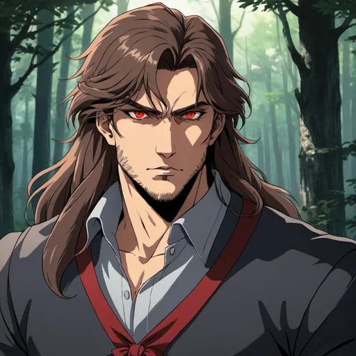 Prompt: wolf, man, hunter, huntsman, red eyes, long brown hair, rugged, manly, bow, in the forest, handsome, 2D art, illustration, detailed facial features, dramatic lighting, 90s anime, 80s anime, anime screencap, cartoon, 2d art, romance novel cover, anime art style, castlevania anime, beserk anime