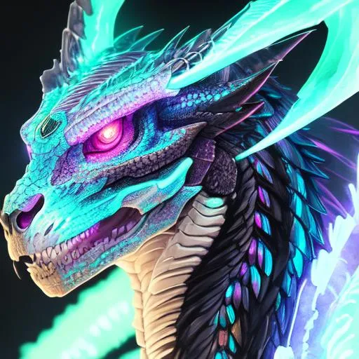 Prompt: Watercolor portrait of a roaring neon skeleton dragon with iridescent black markings and a cute face, perfect composition, hyperrealistic, super detailed, 8k, high quality, trending art, trending on artstation, sharp focus, studio photo, intricate details, highly detailed, by greg rutkowski, illustration, watercolor