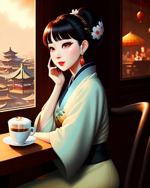 Prompt: Cute Pixar style painting of a beautiful woman, pale,  sitting at a cafe, ancient Chinese clothes, apocalypse, coffee, latte, dirty, trash, muted color pallette, vaporwave