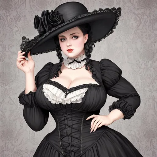 Prompt: Elegant Very Busty chubby victorian English Goth woman wearing hat 