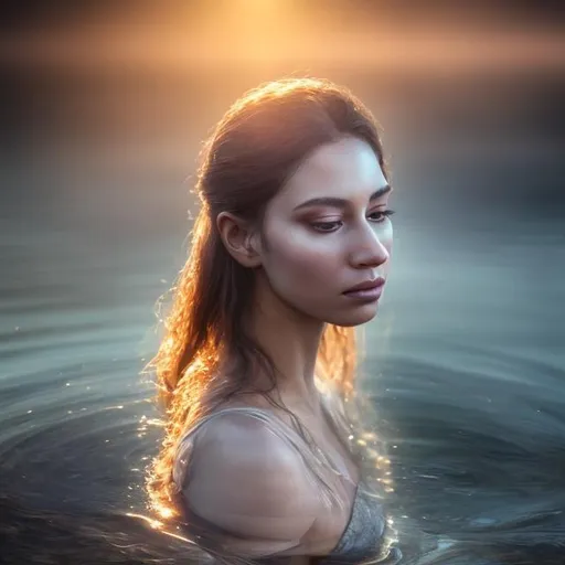 Prompt: In this artistic vision, I aim to capture a scene of exquisite beauty intertwined with the mystical. The woman, with her radiant skin, appears almost ethereal in the soft, diffused light of the setting sun. The water that envelops her possesses a shimmering transparency, unveiling the inviting depths beneath.

Her gaze is both introspective and inviting, evoking a sense of vulnerability and captivating allure. Her lips are slightly parted, as if whispering the secrets of the universe, and her breath, a gentle mist on the air, hints at an unspoken connection with the elements.

The waterline, tracing her waist, accentuates her curves, emphasizing the beauty of her form. Droplets of water cling to her skin, glistening like delicate pearls, inviting the viewer's eyes to wander and explore.

Her discarded clothing, abandoned carelessly nearby, adds an element of allure. The fabric, tousled by the wind, alludes to the intimacy of the moment and the desire to embrace the raw authenticity of her experience.

Her flowing hair, a cascade of silk, invites the viewer to imagine its tactile softness and the sensation of running one's fingers through its wet tendrils.

The play of light on her body and the water's surface accentuates the scene's inherent beauty. The interplay between light and shadow teases the imagination, suggesting the mesmerizing secrets concealed within this enchanting moment.