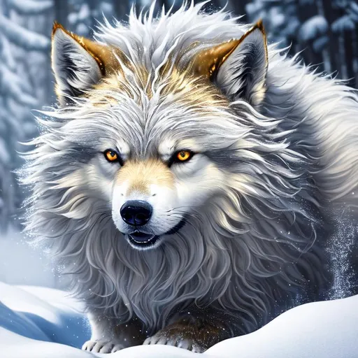 Prompt: (full body, professional oil painting, epic digital art, intricately detailed, best quality:1.5), insanely beautiful epic direwolf, thick frosted gold fur, glistening (silver eyes:15), scarlet magic fur highlights, 8k expressive big silver eyes, thick soft ethereal 8k fur, wispy fur, wispy hair, detailed face, intricate details, blue frost on forehead, gold crystals on crest, game of thrones, intricately detailed, masterpiece, symmetric, perfect composition, cinematic lighting, soft lighting, studio light, ambient gold light, 8k, complementary colors, golden ratio, high octane render, volumetric lighting, depth, realistic, highly detailed shading, unreal 5, enchanted woods, timid, ethereal, winter wonderland, snow falling, silver light columns, artstation, top model, sunlight on fur, intricate hyper detailed breathtaking colorful glamorous scenic view landscape, Yuino Chiri, ultra-fine details, hyper-focused, deep colors, dramatic, blizzard, medium full body, intricate detail, high quality, high detail, masterpiece, intricate facial detail, high quality, detailed face, intricate quality, intricate eye detail, highly detailed, high resolution scan, intricate detailed, highly detailed face, very detailed, high resolution