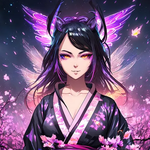Prompt: Digital art,splash art, game art, neon light, dusk, night time, chill vibes, black hole, galaxy in the sky, profil of anime woman with owl wings, wearing kimono, smug smile, anime wide eyes, deep eyes, smooth soft skin, detailed face, standing in a field of flowers, flying fireflies, cherry blossom, smoke