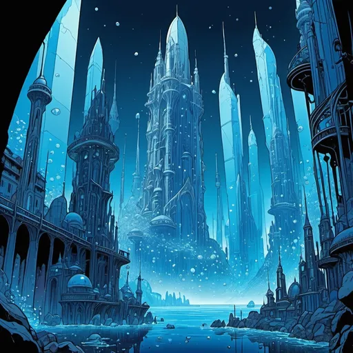 Prompt: An underwater intense blue city with many towers and huge crystals between them, art nouveau, in the style of Moebius, manga, cel shaded comic illustration 