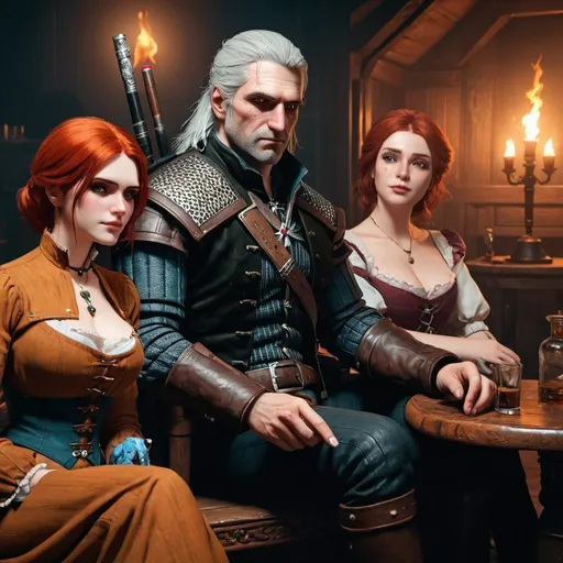 Prompt: Geralt of Rivia in a Victorian settings sitting next to minimally clothes Triss Merigold from Witcher 3 while smoking a cigar