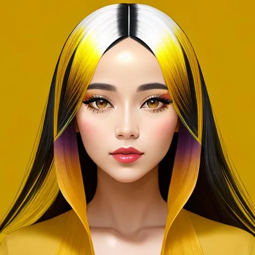 Prompt: A portrait of a woman black hair, based on the expressive work of sara moon photography, yellow gradient