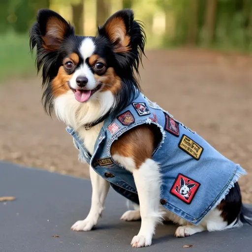 Prompt: Papillon dog wearing a heavy metal music denim vest with patches