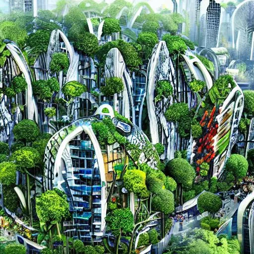 Prompt: bustling rainforest city with lots of people built using biomimetic architecture that integrates plants and food forests into the cityscape in an eco-futurism fantasy style