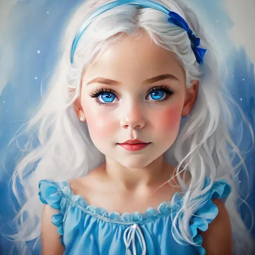 Prompt: baby  girl with snow white hair and frosy blue eyes wearing a blue dress, closeup