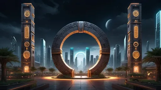 Prompt: magical portal between cities realms worlds kingdoms, circular portal, ring standing on edge, upright ring, freestanding ring, hieroglyphs on ring, complete ring, ancient aztec architecture, gardens, hotels, office buildings, shopping malls, large wide-open city plaza, panoramic view, dark night, futuristic cyberpunk tech-noir setting