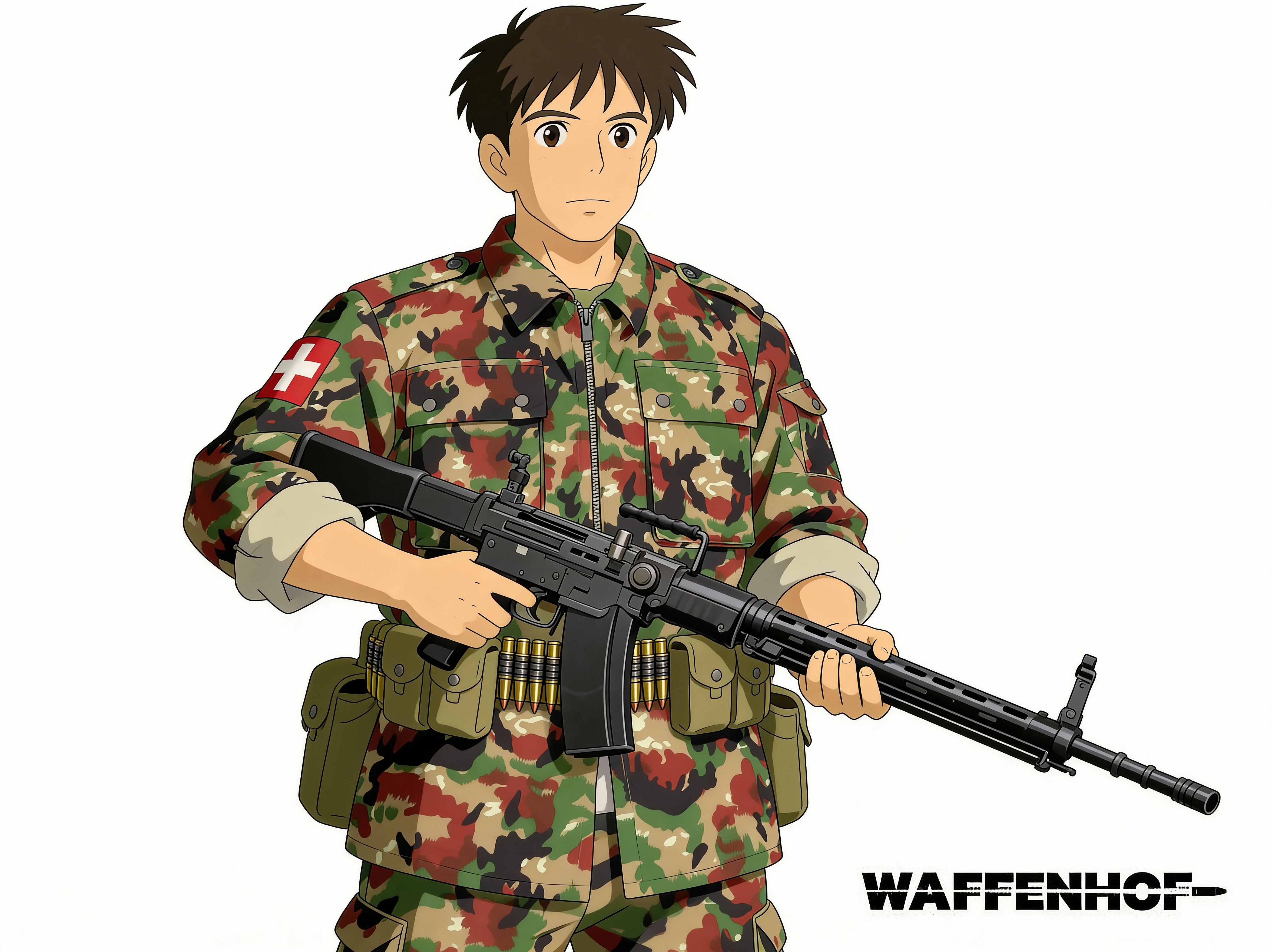 Ghibli anime style, colored line drawing style. male...