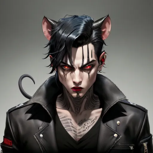 Prompt: Male,  Mafia, slick black hair, jet black eyes, ashen grey, Thrasher shark, mouse ears. demon.  trident brand, scar