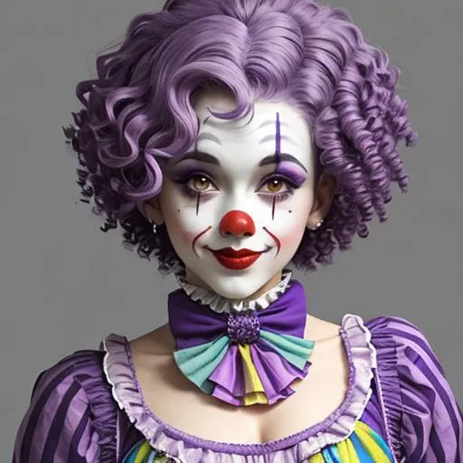 Prompt: A pretty female clown wearing purple, short , curly purple hair