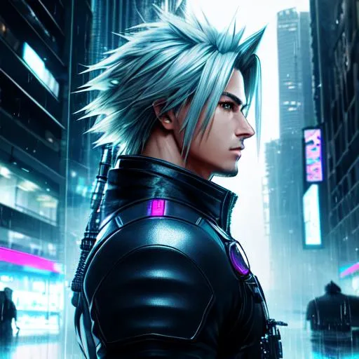 Prompt: a man that is standing in the rain, cyberpunk themed art, detailed face portrait, rgb displacement, portrait of cloud strife, illustration iridescent, without text, severian of nessus, anamorphic illustration, side portrait imagery, long windblown black hair, the artist has used bright, photoreal render, cow-girl