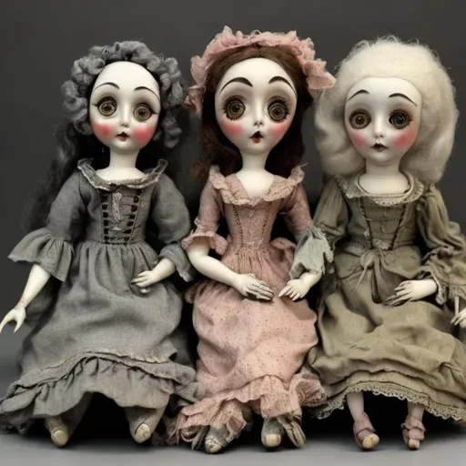 Prompt: Antique dolls in the style of Tim Burton 