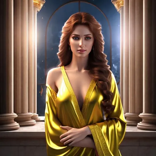 Prompt: HD 4k 3D 8k professional modeling photo hyper realistic beautiful  woman ethereal greek goddess of caution
red hair hazel eyes gorgeous face olive skin beautiful robes jewelry full body surrounded by magical glowing light hd landscape background in palace standing at window