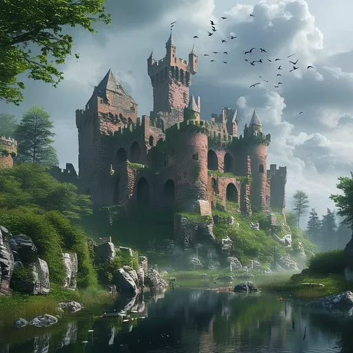 Prompt: ancient castle with moat and drawbridge, (majestic), surrounded by misty fog, crumbling stone walls, dramatic skies, (atmospheric lighting), lush green vegetation encroaching on the castle, serene water reflections, birds soaring above, (highly detailed), (cinematic), enchanting ambiance, (4K), evocative fantasy setting.