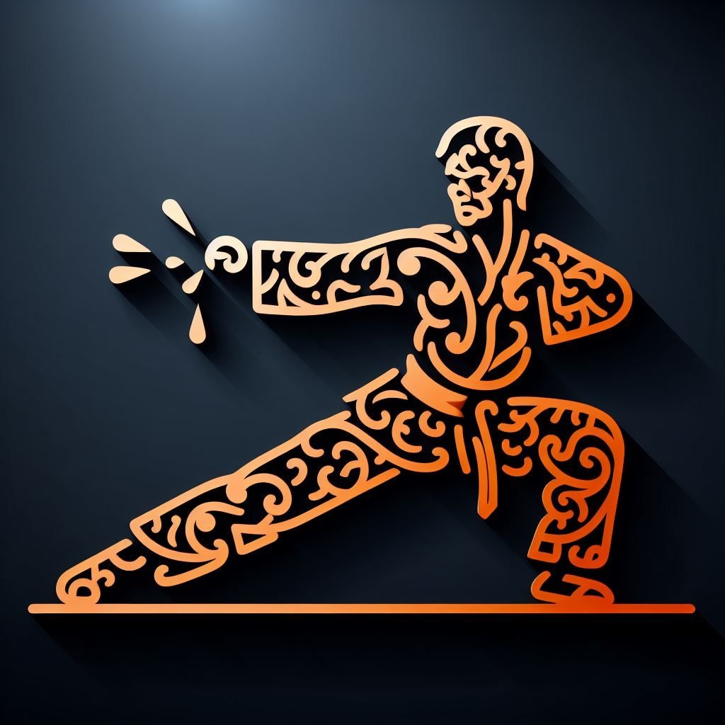 Prompt: kung-fu fighting in the style of intricate cut-outs, minimalist black and orange, 2d, slender, iconic, kawaii art, symmetrical, luminous shadowing, extreme depth of field