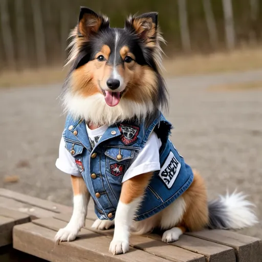 Shetland Sheepdog wearing a heavy metal music denim...