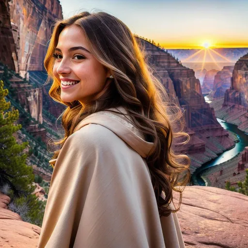 Prompt: Breathtaking Ultra-Realistic Ultra-Detailed Side-View Oil Painting of Laughing cute realistic girl. Bob-Styled long Hair. Bright Brown Almond-Shaped Eyes. Brown Cloak Covering her Shoulders. Blushing High Cheekbones. Dramatic Sunrise Accentuating her Sensual Beauty. Travelling through Canyon