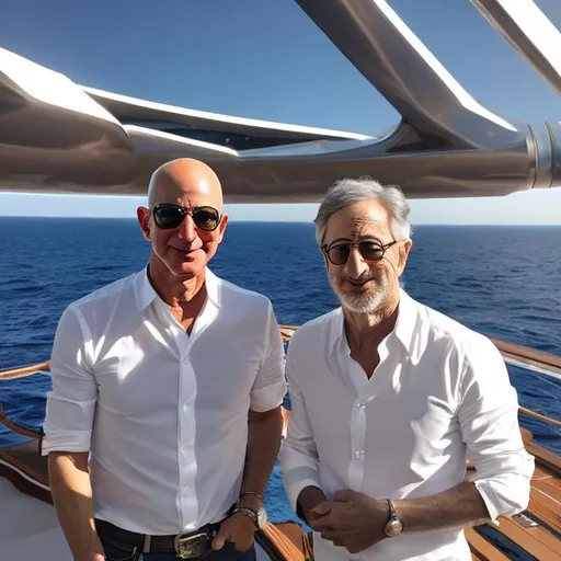 Prompt: Jeff Bezos and Steven Spielberg hanging out in an expensive superyatch; sunny day; cinematic