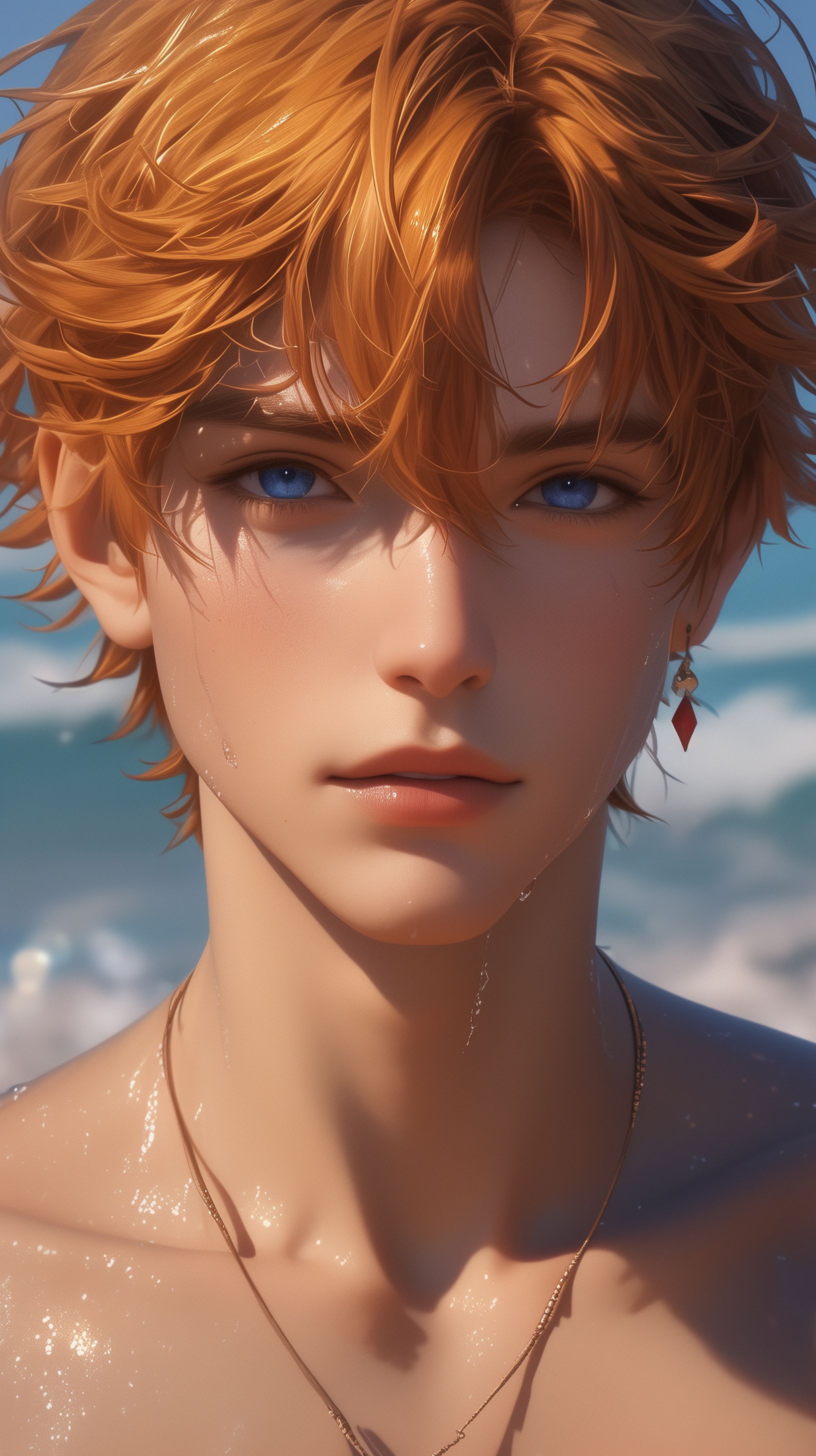 Prompt: Tartaglia from Genshin Impact, Photorealistic, Handsome Asian man with blue eyes, short messy orange hair, k-pop, feminine, thin, handsome, flirty, Narcissistic, pride, background a beach with rough waves, Tartaglia from Genshin Impact --ar 9:16 --niji 6