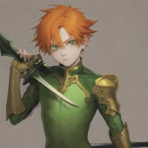 Prompt: human boy with orange hair and green eyes carrying a sword