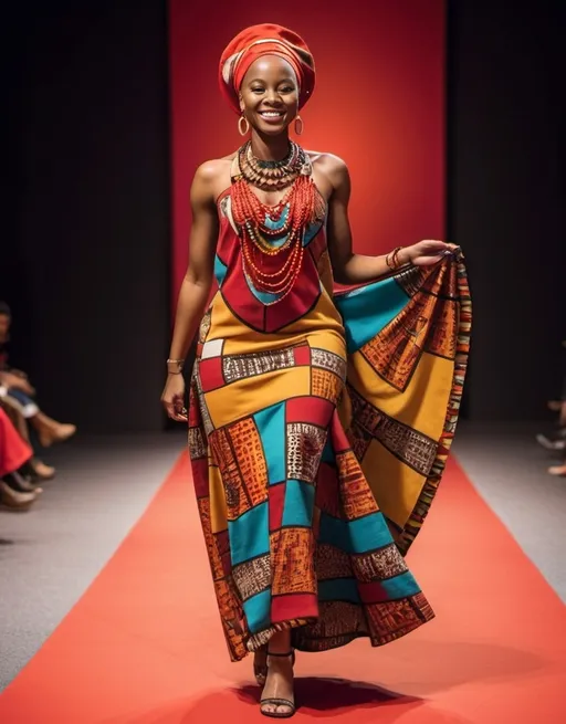 Prompt: a African woman with a bright smile walking down a runway wearing a colorful African dress with leather and cowrie shells necklaces on her head and around her neck and a red background, and bright red rug Chinwe Chukwuogo-Roy, afrofuturism, complementing colors, a picture