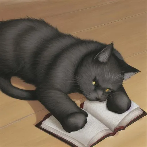 Prompt: Black kitty studying on the floor with an open book. Digital drawing. 