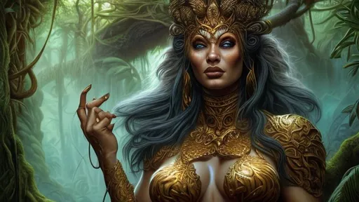 Prompt: goddess of the jungle hyper realistic extremely detailed dark cinematic UHD in the style of Boris Vallejo