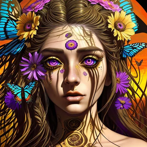 Prompt: psychedelic, twisted, cinematic, 3D, HD, {Female}Hippie, Beautiful big reflective eyes, long flowing hair, flowers, butterflies, birds, expansive psychedelic background, sunset, ultra detailed full body artistic photography, detailed rugged Gorgeous detailed face, shadows, oil on canvas, brush strokes, ultra sharp focus, ominous, matte painting movie poster, golden ratio, epic, intricate, cinematic character render, hyper realistic, 64K --s98500