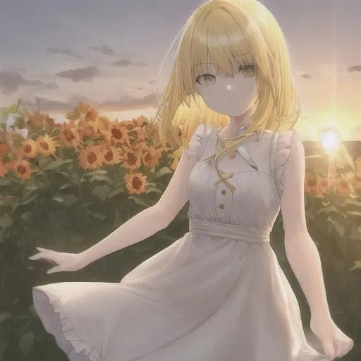 Prompt: light yellow haired girl with beautiful eyes
cute sleeveless dress
outside in the sunrise