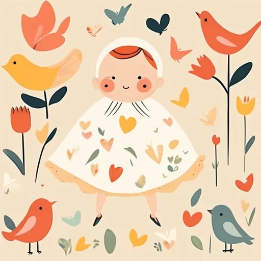 Prompt: illustration character design, cartoonish whimsical style. Little baby girl,bright colors simple shapes, love shapes, tulips shape, butterfly and birds shape in cream vintage background