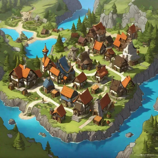 Prompt: Detailed map of a Gnomish village and the surrounding land, dungeons and dragons, beautiful, functional, every house and building is detailed and aesthetic, crisp lines, folksy color palette, 