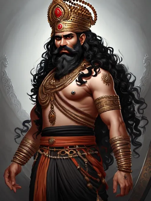 Prompt: Fullbody portrait of a 40 year old male rajput warrior, crown, sleeveless, black hair, scary eyes, curly beard, ethereal, highly detailed, digital painting, Trending on artstation , HD quality