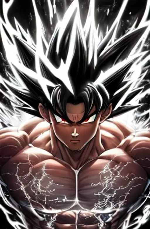 Prompt: 64K masterpiece intricate hyperdetailed breathtaking 3D glowing black oil painting medium portrait of Son Goku, black trousers,  intricate hyperdetailed muscular body, intricate hyperdetailed muscles, glowing white light reflection on the muscles, hyperdetailed intricate hard standing glowing hair, hyperdetailed glowing angry white eyes, detailed face, white glowing muscles, white glowing body, white glowing skin,

semi-polaroid monochrome photography,

hyperdetailed complex, character concept, hyperdetailed intricate glowing shining glamorous white water drop floating in the air,

very angry,

intricate glowing light reflection, intricate hyperdetailed glowing iridescent reflection, strong glowing white light on the hair, contrast white head light, hyperdetailed very strong black shading, very strong black muscle shadow,

professional award-winning photography, maximalist photo illustration 64k, resolution High Res intricately detailed, impressionist painting,

yellow color splash, illustration, key visual, panoramic, cinematic, masterfully crafted, 8k resolution, stunning, ultra detailed, expressive, hypermaximalist, UHD, HDR, UHD render, 3D render, 64K, hyperdetailed intricate watercolor mix oil painting on the body, Toriyama Akira