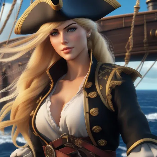 Prompt: Female pirate, (blonde hair pulled back into a ponytail) ,UHD, 8K, insane detail, best quality, high quality,  pirate, wearing an eye patch, fierce, friendly, pirate hat, highly detailed, anime style, standing on a pirate ship. at sea
